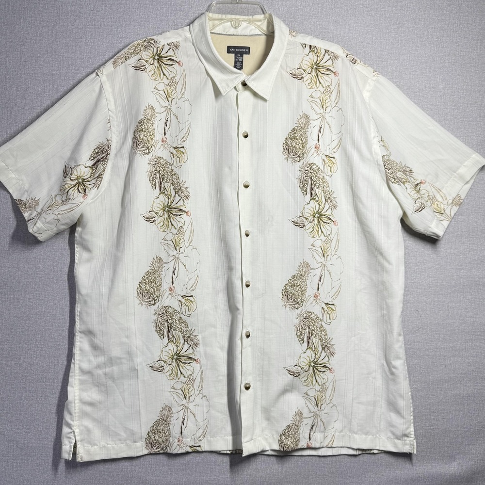 Van Heusen Shirt Mens 2XL White Hawaiian Pineapple Floral Short Sleeve Button Up
